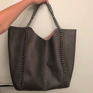 Grey leather tote bag with silver hardware